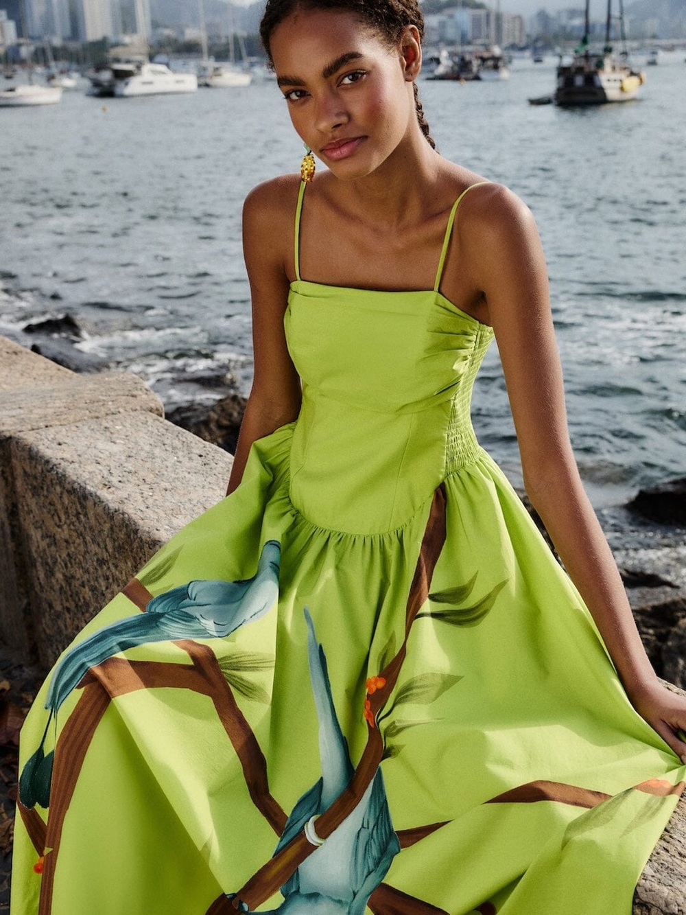 Farm Rio Green Birds Smocked Maxi Dress